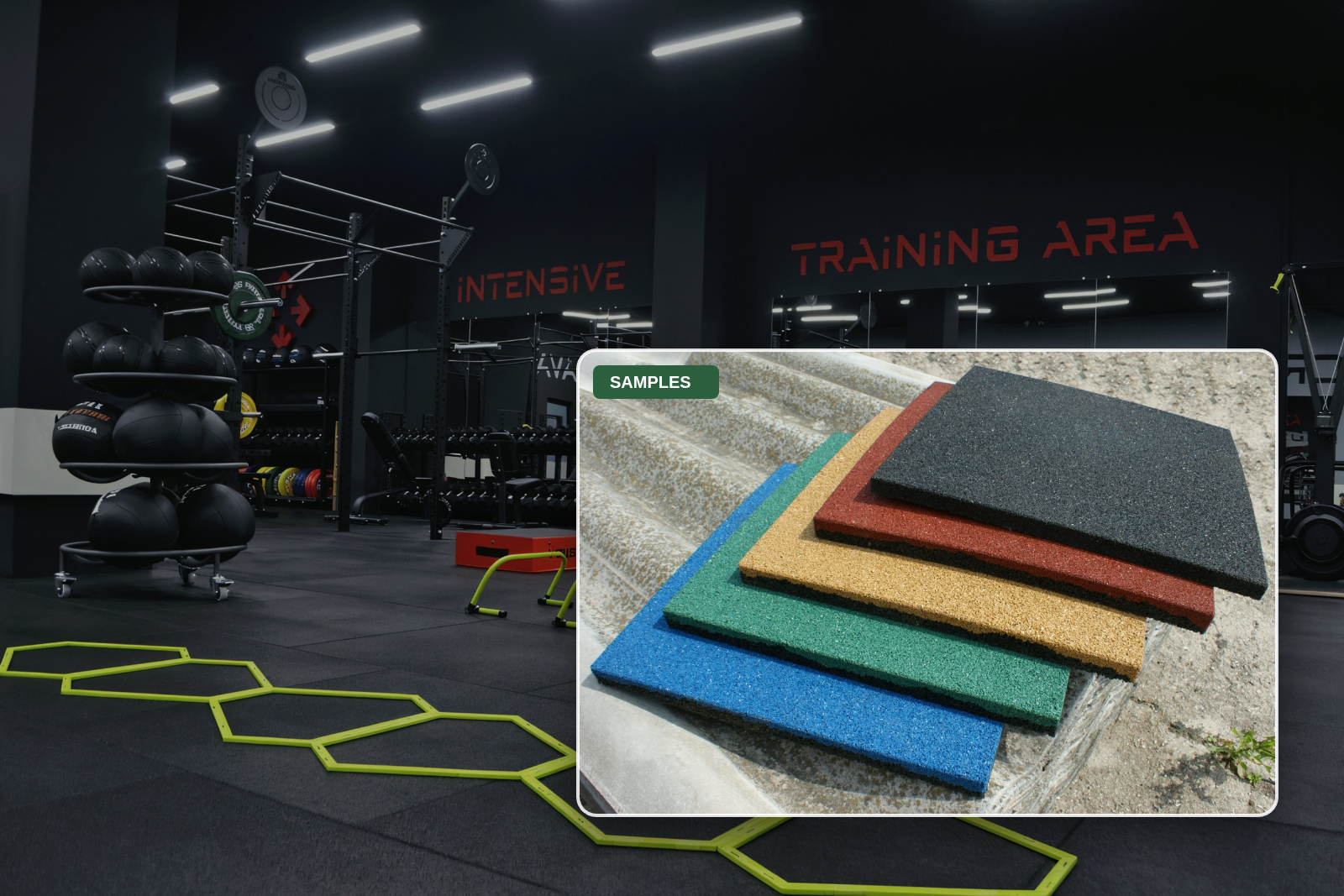 Rubber gym flooring tiles with colored samples